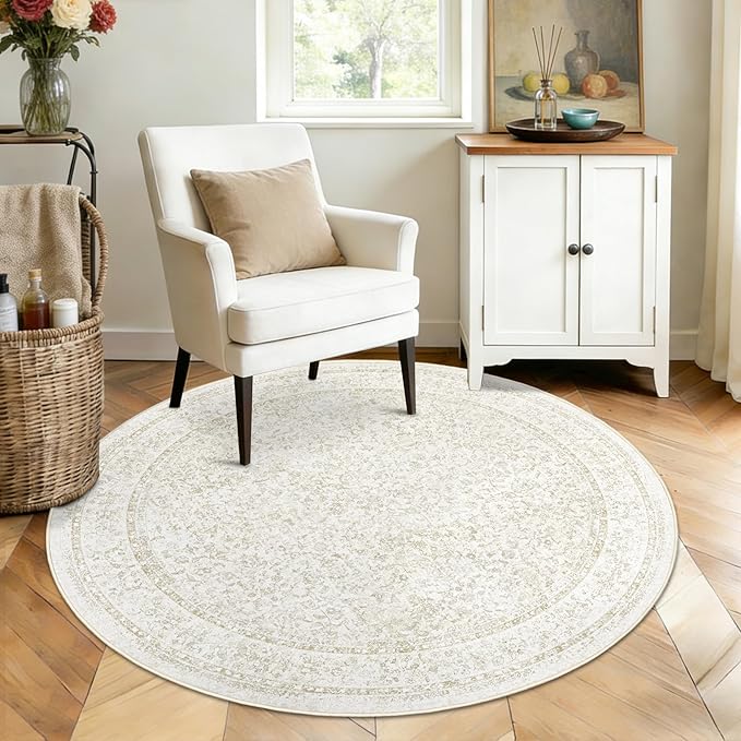 Round Rugs 4ft Vintage Floral Small Circle Rug, Washable Non Slip Soft Low Pile Stain Resistant Carpet for Living Room Bedroom Entryway Dining Room (FloralBeige, 4' Round)