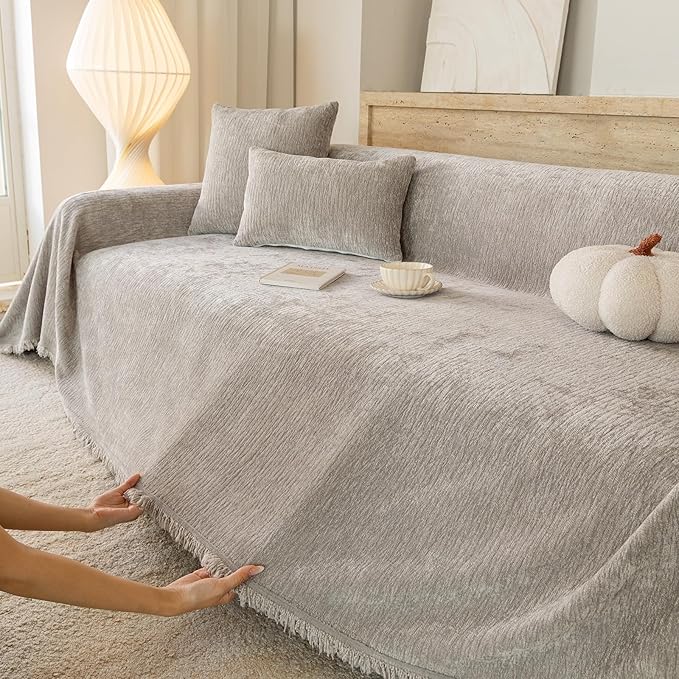 ROOMLIFE Sofa Cover, Boho Couch Cover for 3 Cushion Sofa, Non Slip Chenille Sofa Slipcovers for Dog, Washable Furniture Sofa Protector Cover with Tassel for Living Room, 71''X118”