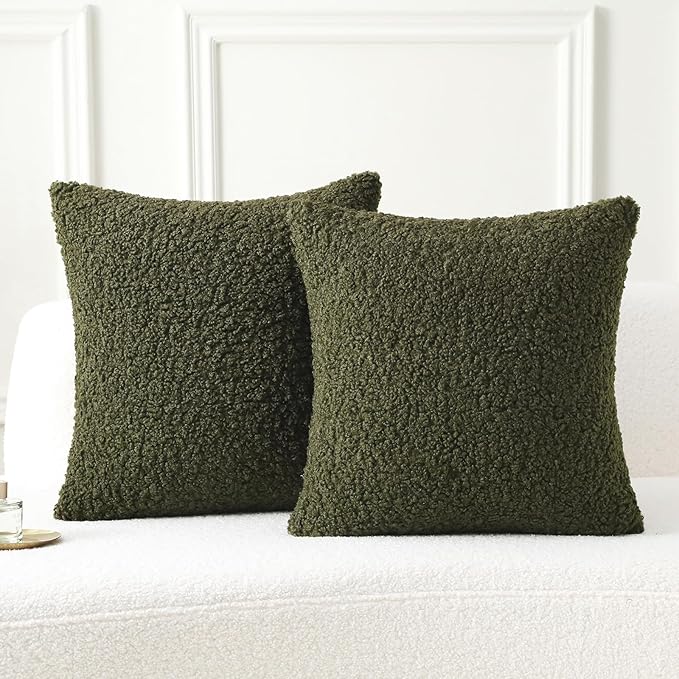FUTEI Olive Green Throw Pillow Covers 22x22 Inch Set of 2,Furry Faux Fur Teddy Boucle Textured Cushion Covers,Soft Fluffy Decorative Pillow Case,Home Decor for Couch Bed Living Room Office Car