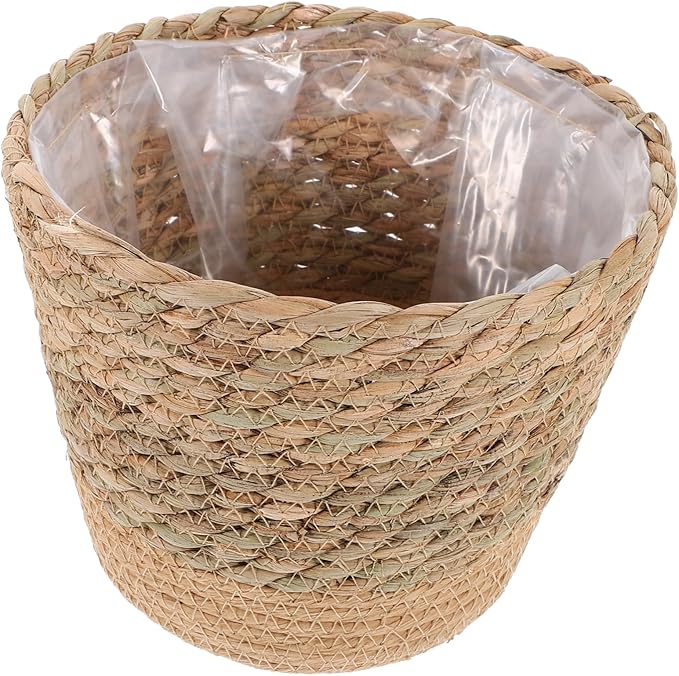Straw Woven Plant Basket with Flat Base Handmade Flower Pot Holder for Indoor Home Decor Living Bedroom Office Use Natural Boho Style Woven Design