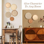 Set of 9 Wall Basket Decor Boho Wall Hanging Decor Rattan Wall Decor Flat Round Wicker Woven Macrame Tassels Tapestry Bamboo Wall Basket Serving Tray Art Handmade Set for Room Bedroom Living Room