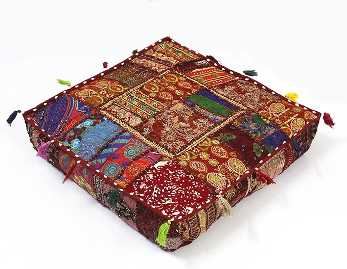 Mam Treasures Indian Bohemian Decorative Pillow Vintage Cushion Cover Patchwork Square Floor Pillow Cover Meditation Cushion Large Floor Pillow Indian Cushion (Brown, 16 X 16 X 5 Inch)