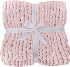 Bigacogo Chunky Knit Throw Blanket for Couch, 40x40 inches, 100% Hand Knitted with Thick Jumbo Chenille Yarn, Cozy Soft Large Rope Knot Cable Crochet Blankets for Sofa Bed Living Room, Rose Tan