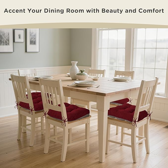 AddGrace Chair Cushions for Dining Chairs Set of 1 Kitchen Seat Cushions with Ties and Non Slip Backing Tufted Indoor Seat Pad for Kitchen Dining Room 18" x 17" x 3" Burgundy