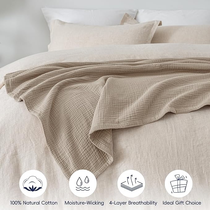 PHF 100% Cotton Muslin Blanket Twin XL Size 66"x90", 4-Layer Lightweight Gauze Throw, Breathable Cloud-Soft Minimalist Blanket for Bed, Couch, Camping & Baby, Taupe, Ideal Gift
