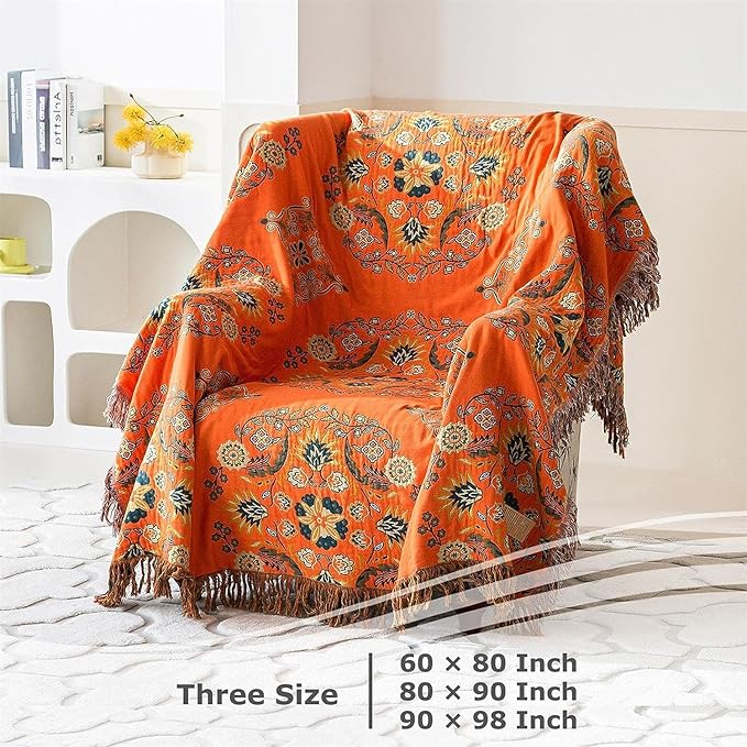 Boho Throw Blanket for Bed 100% Cotton Soft Lightweight Quilt Floral Embroidery Home Decor Spring Breathable Orange Bed Blankets,90"x98" All Season Reversible Blankets for Sofa Couch Chair
