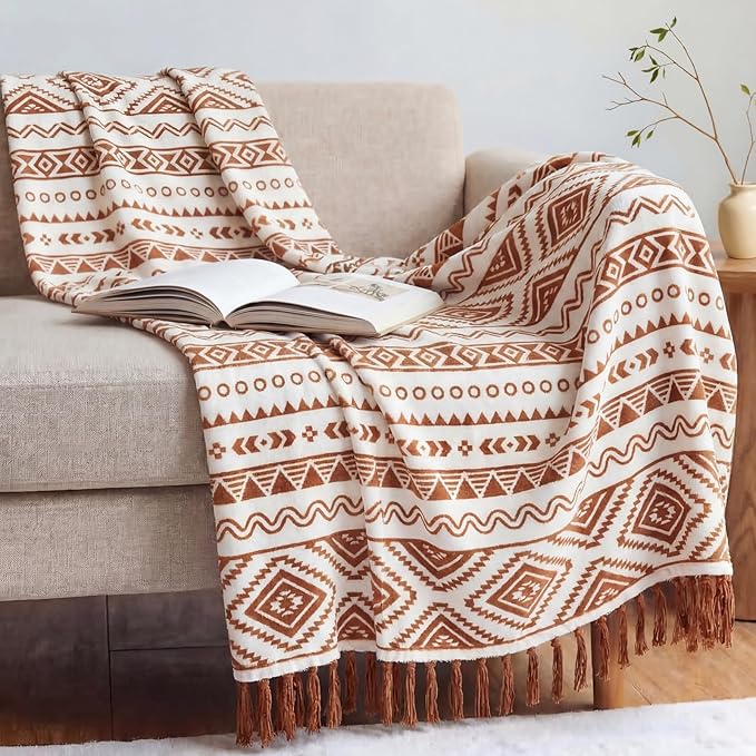 CASAAGUSTO Boho Throw Blanket - Terrcotta Decorative Blankets with Tassel, Printed Flannel Bohemian Blanket for Chair, Bed, Sofa, Couch(50 * 60, Terrcotta)