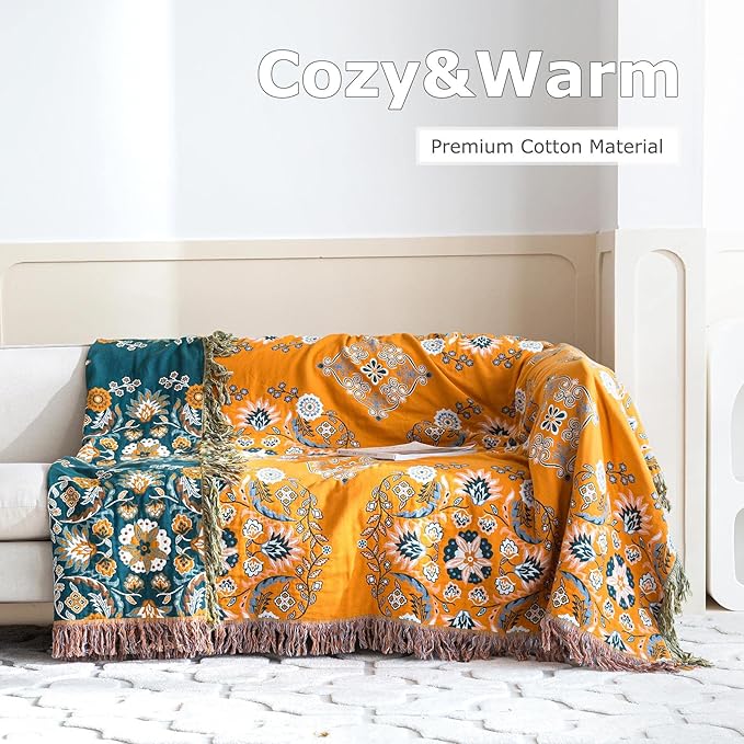 Boho Throw Blanket for Bed 100% Cotton Soft Lightweight Quilt Reversible Spring Blanket Floral Embroidery Home Decor Bed Blankets,90"x98" All Season Blankets for Sofa Couch Chair