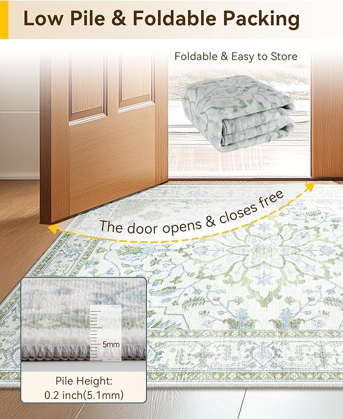 Area Rugs 2'x8' Runner Rug Non Slip Washable for Kitchen Hallway Bedroom Beside Laundry Room Bathroom Rug, Floor Carpet, Green White Blue