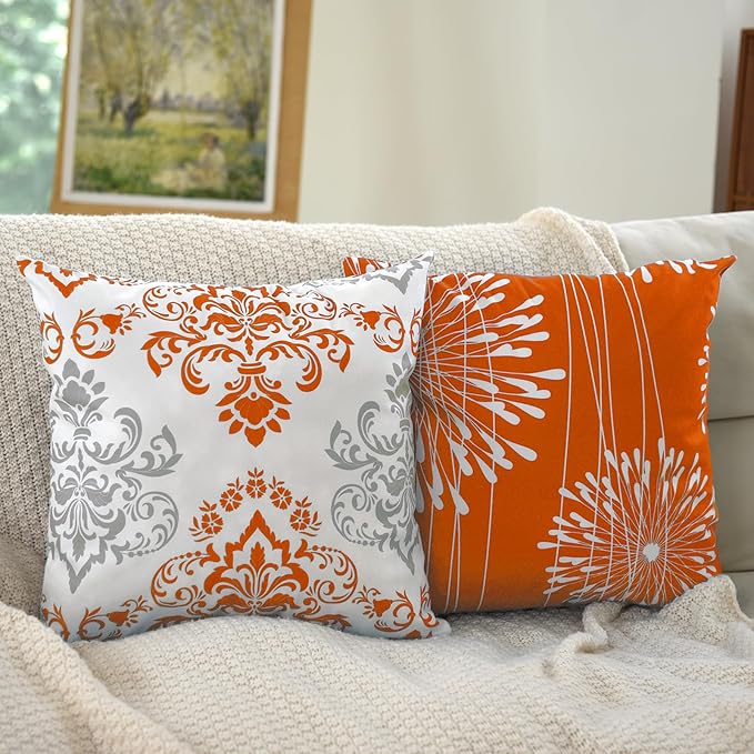 Coliuso Decorative Throw Pillow Covers 18x18 inch Set of 4,Orange and White Modern Simple Square Pillow Case Cushion Cover for Sofa Couch Farmhouse Outdoor Living Room (Burnt Orange and White)