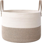 65L Extra Large Blanket Basket for Living Room - Woven Cotton Rope Laundry Hamper with Reinforced Handles - Storage Bin for Pillows, Comforters & Toys - Machine Washable,White&Brown