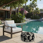 LVTXIII Indoor/Outdoor Inflatable Ottoman with Handle D21 x H9 Inch, Weather-Resistant Round Footstool Pouf for Patio Camping Living Room, Portable Footrest Extra Seating, Elegant Vines Black