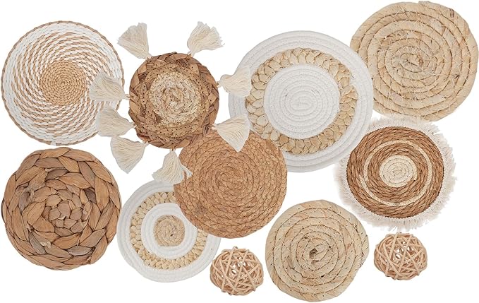 11Pcs Boho Wall Basket Decor, Round Hanging Rattan Wall Decor Flat Woven Basket Wall Hanging Decor, Tassels White Seagrass Wicker Boho Baskets Decoration Art for Farmhouse Bedroom Living Room