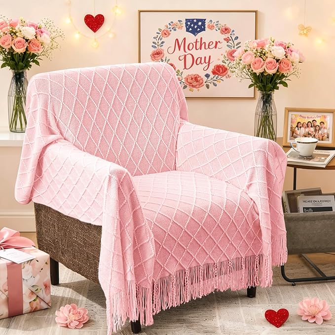 inhand Pink Knitted Throw Blanket for Couch Bed,Mothers Day/Mom Birthday Gifts for Mom from Daughter Son,Romantic Decor for Her Him Girlfriend Wife, Farmhouse Warm Woven for Women,50"x60"