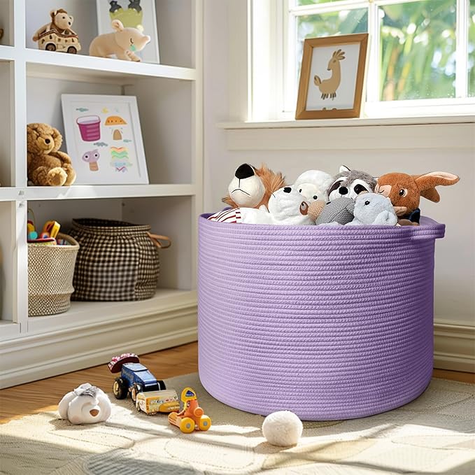 115L Extra Large Purple Storage Basket, 23.6" X 15.7" Jumbo Woven Cotton Rope Bin for Throw Blankets Pillows, Baby Laundry Basket, Dirty Clothes Organizer, Big Storage Box for Toys, Towels