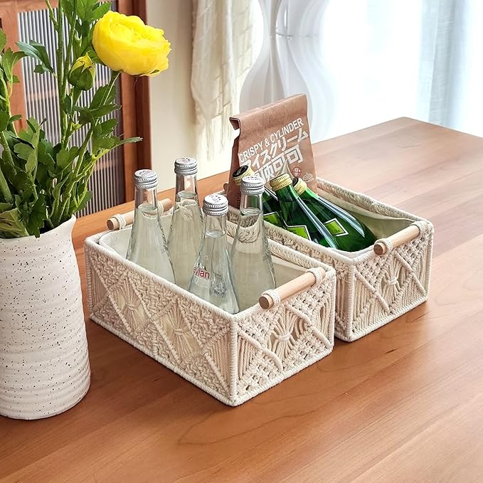 ANMINY 5PCS Macrame Storage Baskets for Organizing Boho Decor Baskets Storage Bins with Wood Handles Handmade Decorative Storage Boxes with Removable Liner Toilet Tank Bathroom Self Basket Organizer
