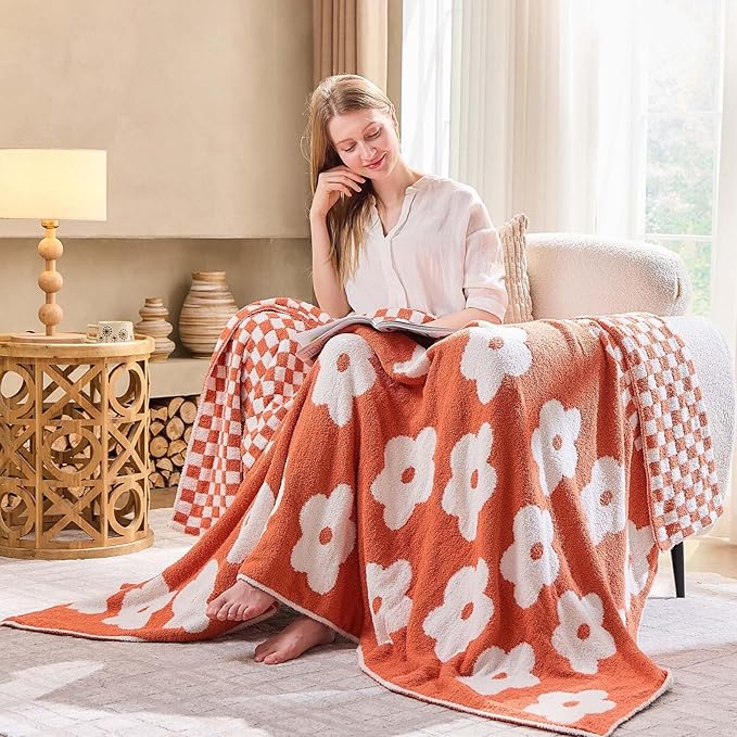 Checkered Throw Blanket, Orange Flower Blanket for Couch, 50"x60" Soft Plaid Knit Blanket for Home Decor, Reversible Checkerered Blankets for Sofa, Chair, Bed