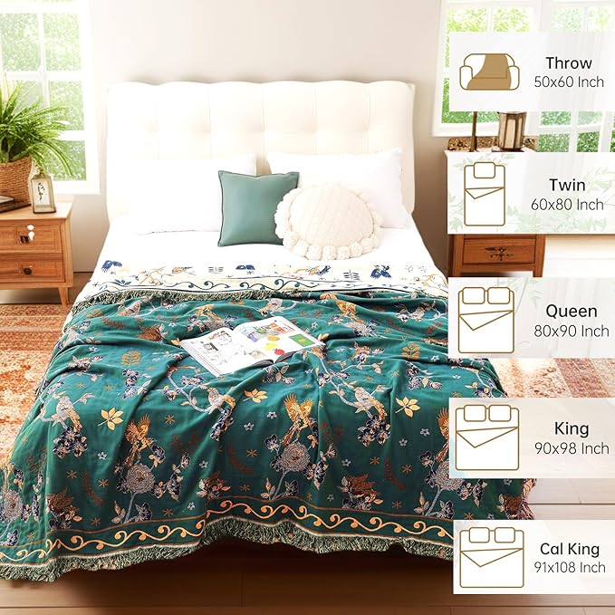 Boho 100% Cotton Large Throw Blanket - All Season Rustic Ultra Soft Breathable Floral Bird Blanket for Bed Sofa Couch Chair Bedspread Quilt Gift, 80" x 90"-Teal/Beige