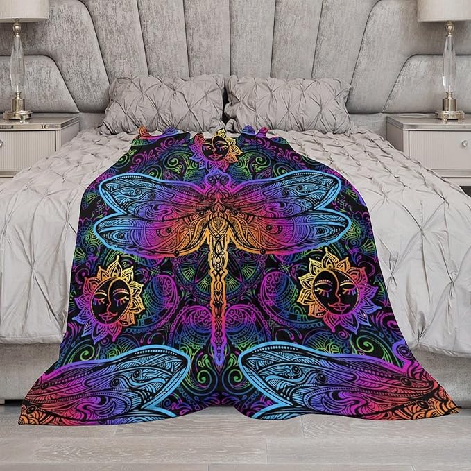Mandala Boho Throw Blanket Colorful Dragonfly Sun Bohemian Blanket for Sofa Bed Couch Chair Or Dorm 70"x80"