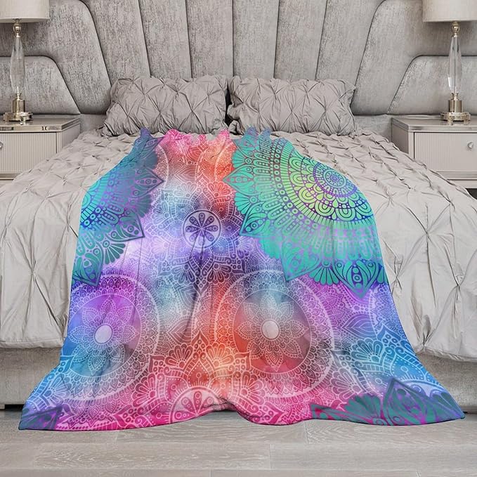 Mandala Throw Blanket Colorful Floral Flowers Bohemian Boho Blanket for Sofa Bed Couch Chair Or Dorm 60"x80"