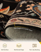 Area Rugs 5ft Washable Non-Slip, Floral Vintage Distress Print Pattern Medallion Carpet for Living Room Bedroom Dining Room, Black Colorful Floral Dark Tan