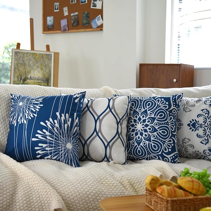 Coliuso Decorative Throw Pillow Covers 18x18 Set of 4, Blue Modern Simple Square Pillow Case Cushion Cover for Sofa Couch Farmhouse Outdoor Living Room (Blue, 18"x18")