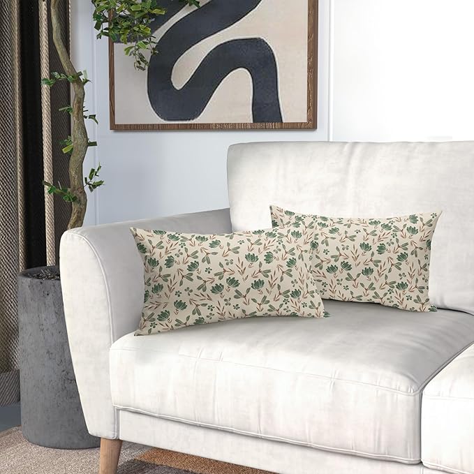 Brown Green Floral Pillow Covers 12x20 Set of 2 Vintage Rustic Old Style Cute Small Flower Print Rectangle Decorative Outdoor Pillowcases Farmhouse Throw Cushion Case Decor for Couch Sofa Bed