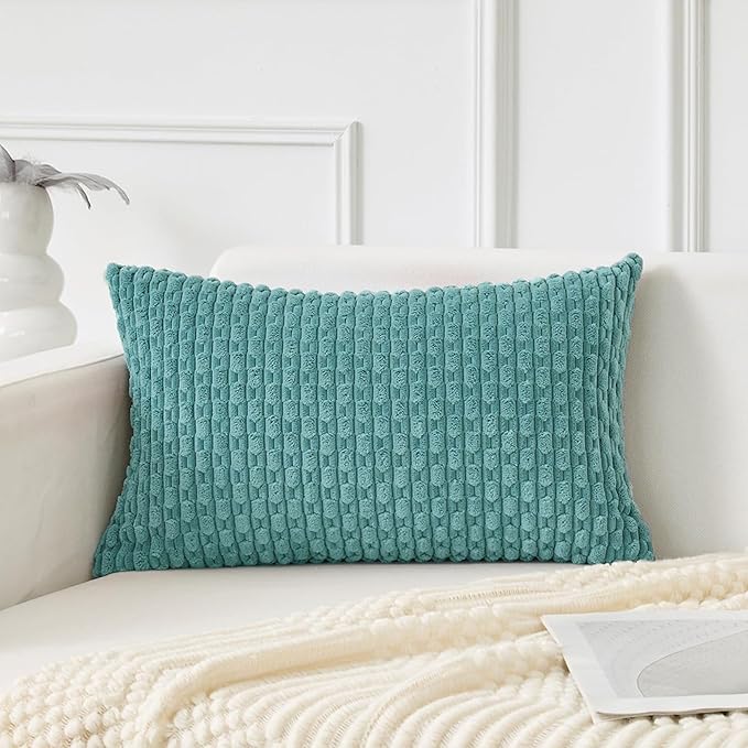 Kevin Textile 14x24 Inch Pillow Cover 1 Pack Boho Decorative Soft Striped Corduroy Lumbar Farmhouse Color Accent Rectangle Cushion Case for Living Room Couch Sofa Bed, Aqua Green
