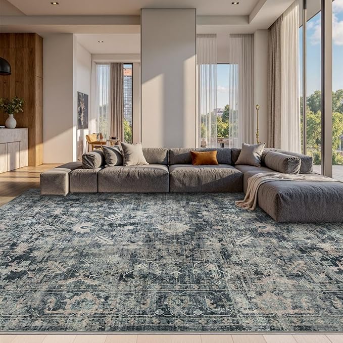 10x14 Area Rugs for Living Room Bedroom, Large Washable Rug, Blue Vintage Retro Boho Rug, Non Slip & Low Pile Faux Wool Thin Carpet for Indoor Dining Room and Kids Room(Blue 10x14ft)
