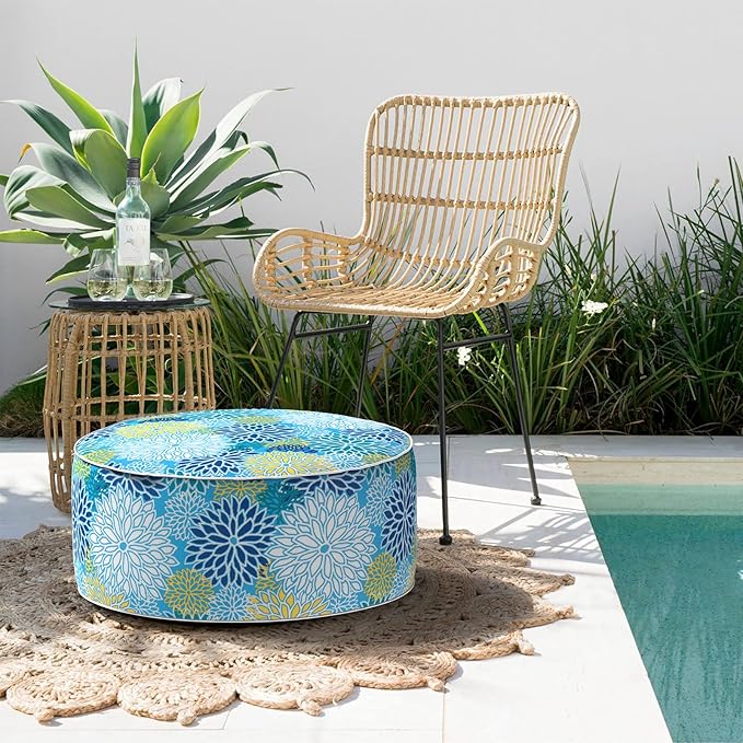 Indoor/Outdoor Inflatable Ottoman D21 x H9 inch, Round Footstool Inflatable Foot Rest Ottoman with Handle, Portable Ottomans Pouf for Patio, Garden, Camping, Home, Dahlia Blue