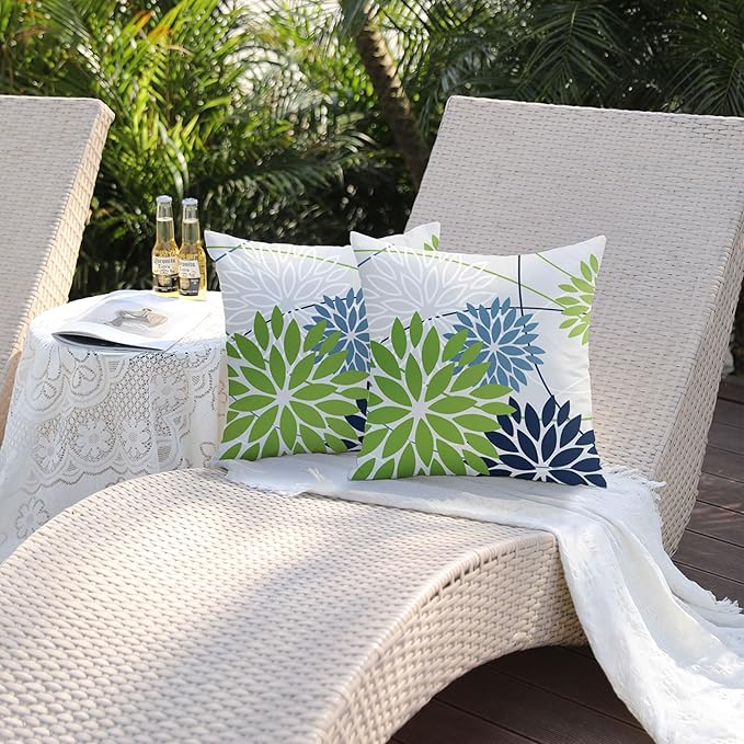 DFXSZ Green and Dark Light Blue Floral Pillow Covers 20x20 Set of 2 Outdoor Pillows Covers Waterproof Summer Pillowcovers Polyester Cushion Case Decor for Couch Patio Funiture Garden Porch 01U20