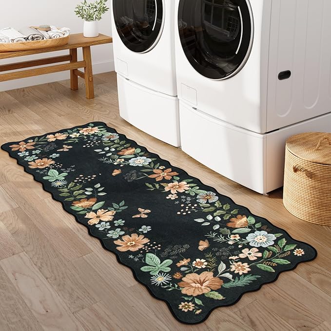 Lahome Floral Kitchen Runner, 2x5 Soft Washable Runner Rug Non Slip, Ultra-Thin Hallway Rug Stain Resistant Boho Carpet for ‎Laundry Bathroom Bedroom Flore, Black/Grey