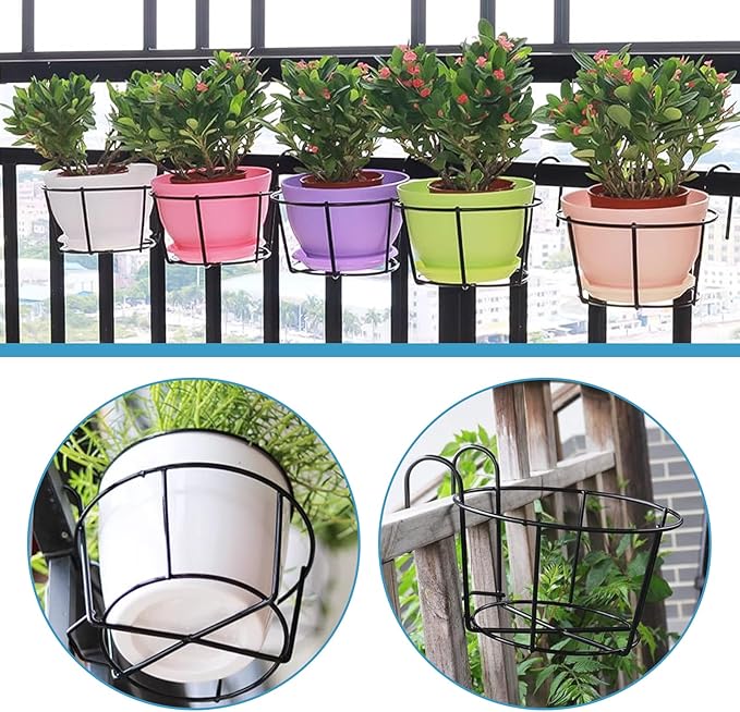 4 Pack Round Hanging Railing Planters - Metal Flower Pot Holder for Balcony and Fence （Black）
