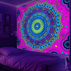 Apdidl Blacklight Trippy Mandala Tapestry for Bedroom, Black Light UV Reactive Posters Wall Hanging Aesthetic, Neon Colorful Hippie Boho Art Decor Tapestries for Living Room Adults 51" X 60"