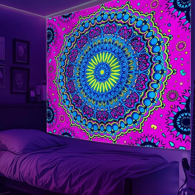Apdidl Blacklight Trippy Mandala Tapestry for Bedroom, Black Light UV Reactive Posters Wall Hanging Aesthetic, Neon Colorful Hippie Boho Art Decor Tapestries for Living Room Adults 51" X 60"