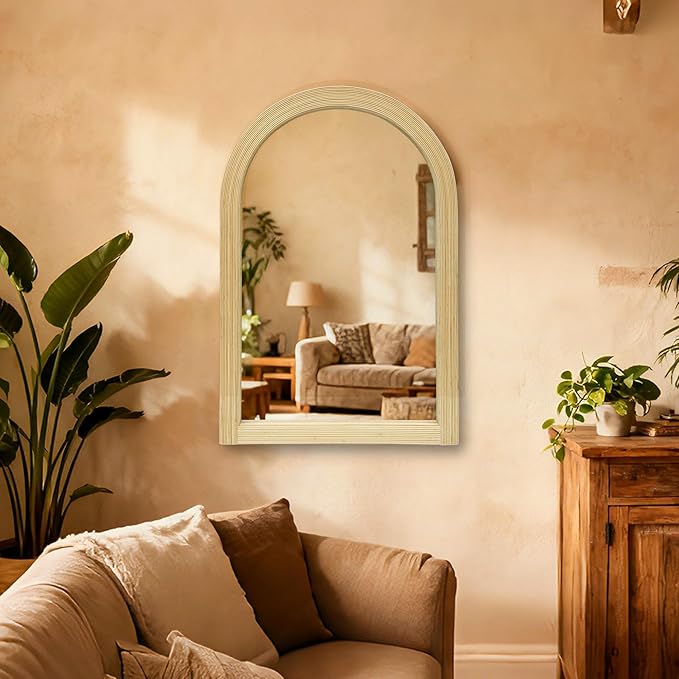 24" x 36" Arched Wall Mirror, Handwoven Natural Bamboo (Warm Tone) Strip Frame, 2-Inch Deep Textured Design, Boho Coastal Mirror for Entryway, Bedroom, Living Room, Vertical Hanging