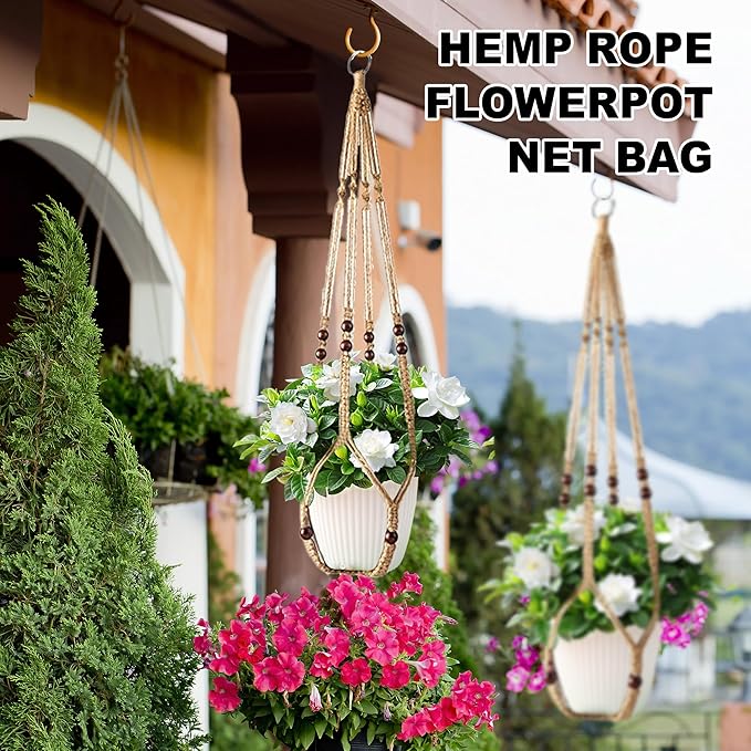 3Pcs Macrame Plant Hangers Indoor 35Inch Brown Hemp Rope Plant Hanger Hanging Plant Holders Hanging Planter Basket Flower Pot Holder with S Hooks and Hook Nails, Crochet Home Decor Plant Hanger