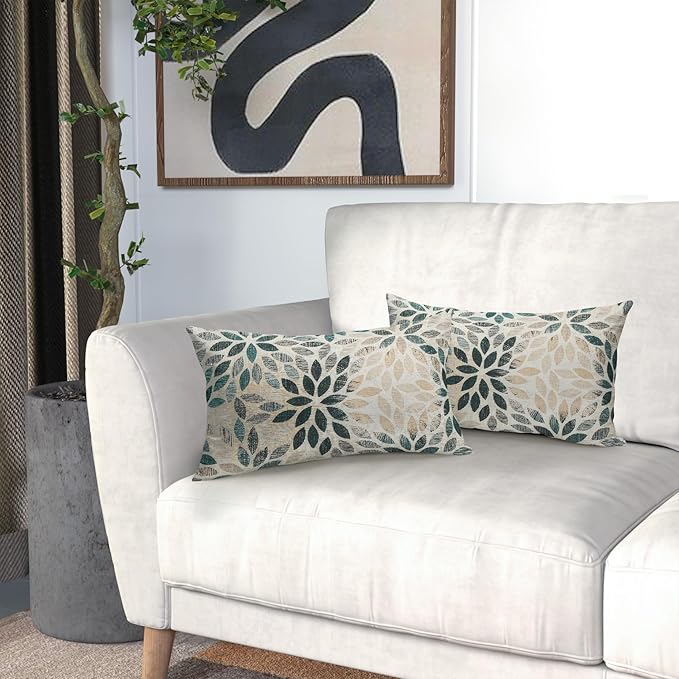 Kawani Teal Dahlia Lumbar Pillow Covers 12X20 Inch Turquoise Geometric Flower Decorative Pillow Cases Set of 2 Beige Tan Gray Floral Throw Pillows for Cushion Sofa Couch Farmhouse Outdoor