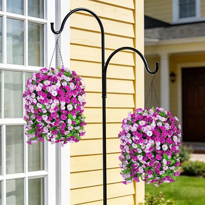 Artificial Flowers with Hanging Basket, Outdoor Faux Plants Silk Morning Glory Vines, Fake Green Arrangement for Garden Patio Spring Summer Decor(Darkorchid)
