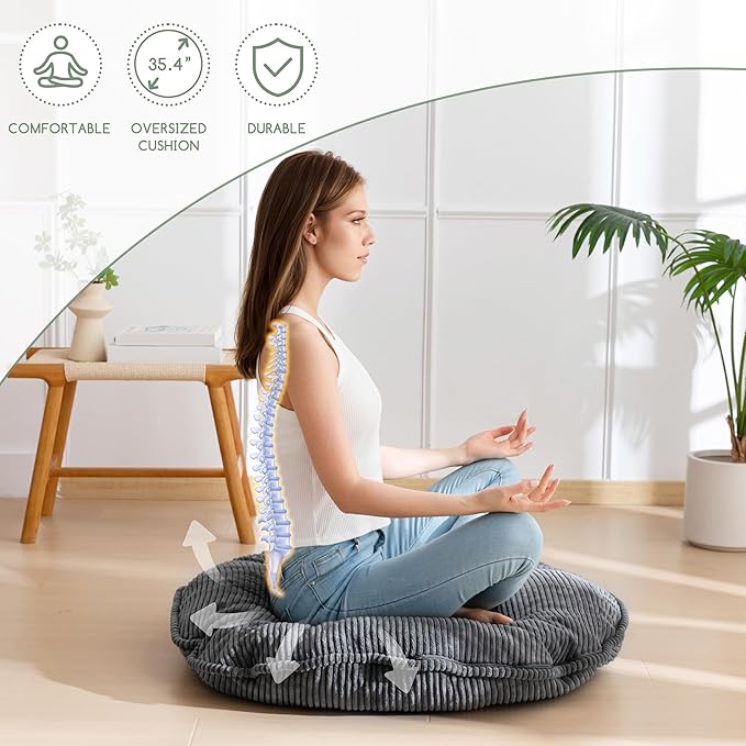 35" Washable Floor Pillow Cushion for Adults, Meditation Cushion Pillow, Extra Large Round Floor Sitting, Removable Tufted Corduroy Cover, for Tatami Living Room or Yoga, Dark Grey, Machine Washable
