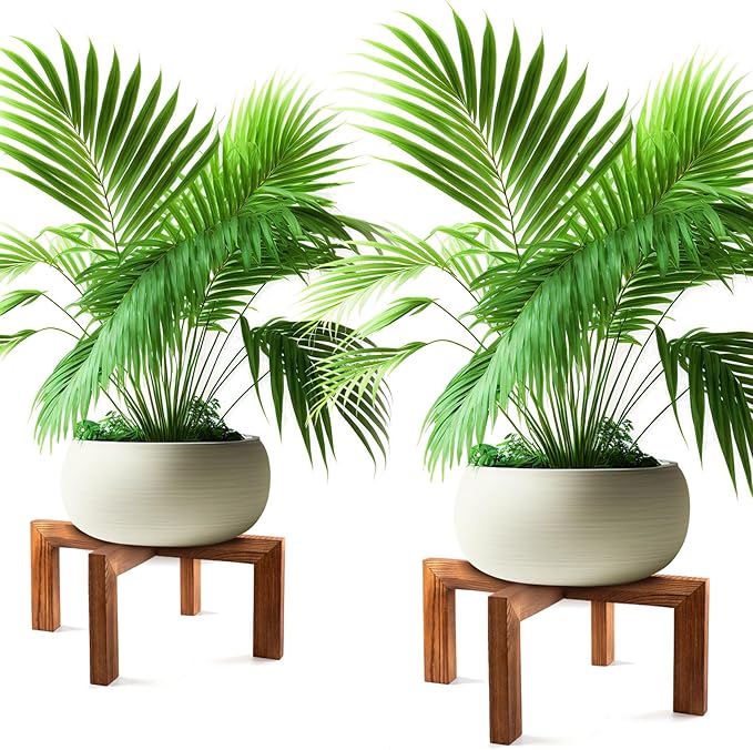 Wenqik 2 Pack 16 Inch Wood Plant Stand Wooden Plant Pot Holder Mid Century Rattan Flower Boho Rustic Stool Holder for Indoor Gardening Patio, Fit 8-18 Inch Pot (Wood Color)