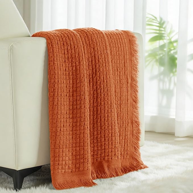 Exclusivo Mezcla Twin Size Knit Blanket with Fringes for Bed, Reversible Super Soft and Warm Woven Boho Throw for All Season, Home Decor, 60"x80", Burnt Orange