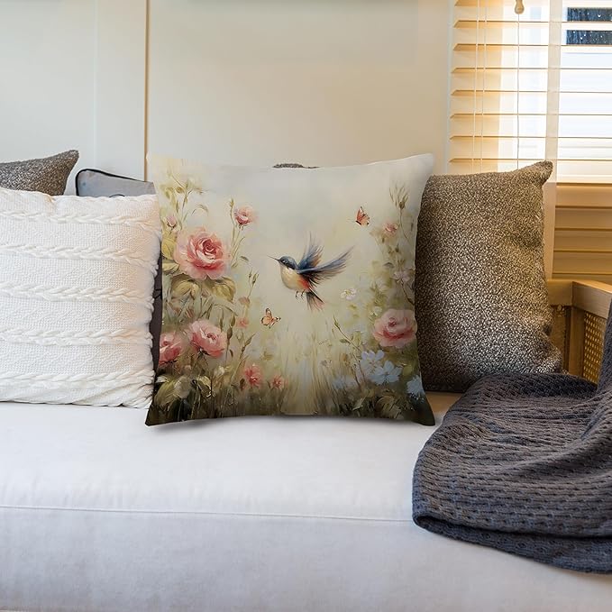 Vintage Spring Hummingbird Floral Pillow Cover 20x12 Double-Sided,Rustic Cottagecore Decor,French Country Spring Wildflower Bird Decorative Throw Pillow Cover for Couch Bed Bedroom Living Room