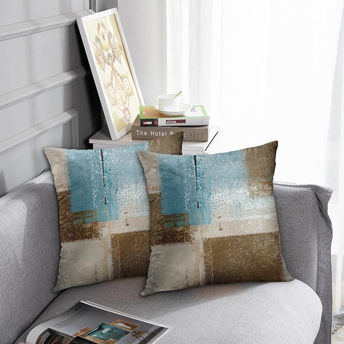 Britimes Throw Pillow Covers Modern Home Art Decor, 18 x 18 Inches Set of 2 Pillow Cases Decorative, Abstract Oil Painting Pillowcases for Bedroom, Living Room, Cushion Couch Sofa, Beige Blue