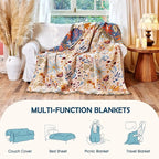 Boho Throw Blanket - 100% Cotton Throw Blankets for Bed Couch, 50"x60" Soft Muslin Lightweight Spring Throw Blanket, Cozy Floral Butterfly Printed Bohemain Bedding Decor Beige Throw Quilt