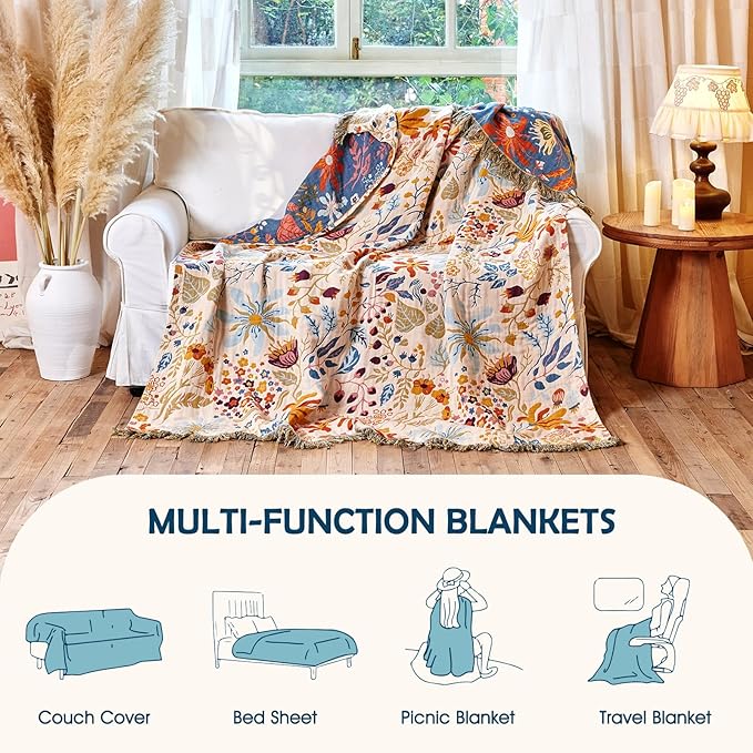 Boho Throw Blanket - 100% Cotton Throw Blankets for Bed Couch, 60"x80" Soft Muslin Lightweight Spring Throw Blanket, Cozy Floral Butterfly Printed Bohemain Bedding Decor Beige Throw Quilt