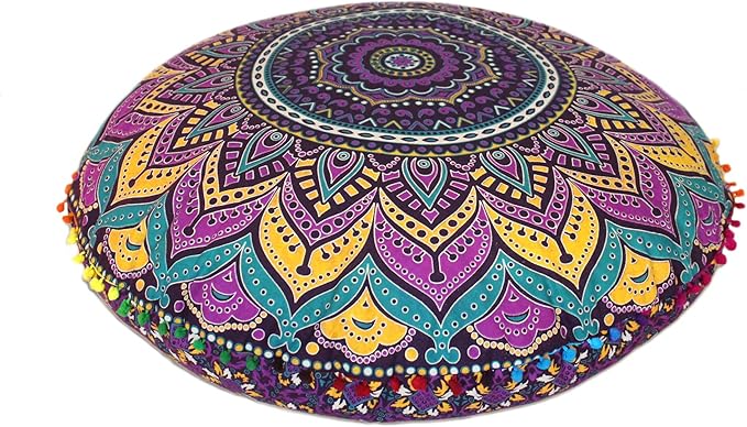 CRAFT KALA Mandala Floor Pillow Cushion Cover Seating Throw Cover Hippie Decorative Bohemian Ottoman Poufs Pom Pom Pillow Cases Boho Indian Cotton Living Room Yoga Home Décor 24" Round, New Pink Ombre