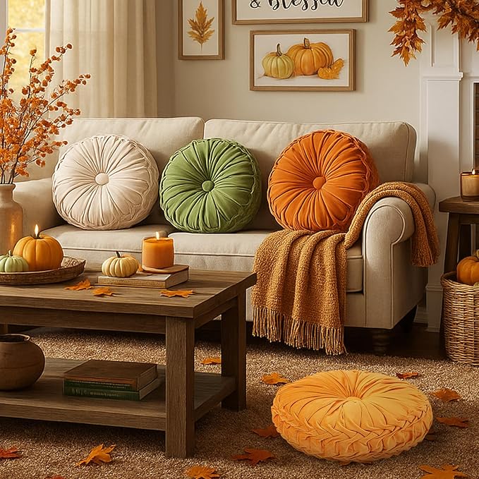 Round Throw Pillows Decorative Pleated Throw Pillows 15'' Diameter Accent Pumpkin Boho Chair Cushion for Couch Sofa Home Decoration(Fall Color,4 Pcs)