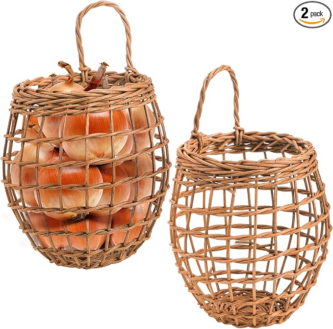 Elsjoy Set of 2 Hanging Onion Basket, Wall Mount Small Wicker Baskets for Food Storage, Woven Rattan Basket for Kitchen, Pantry, Home Decor