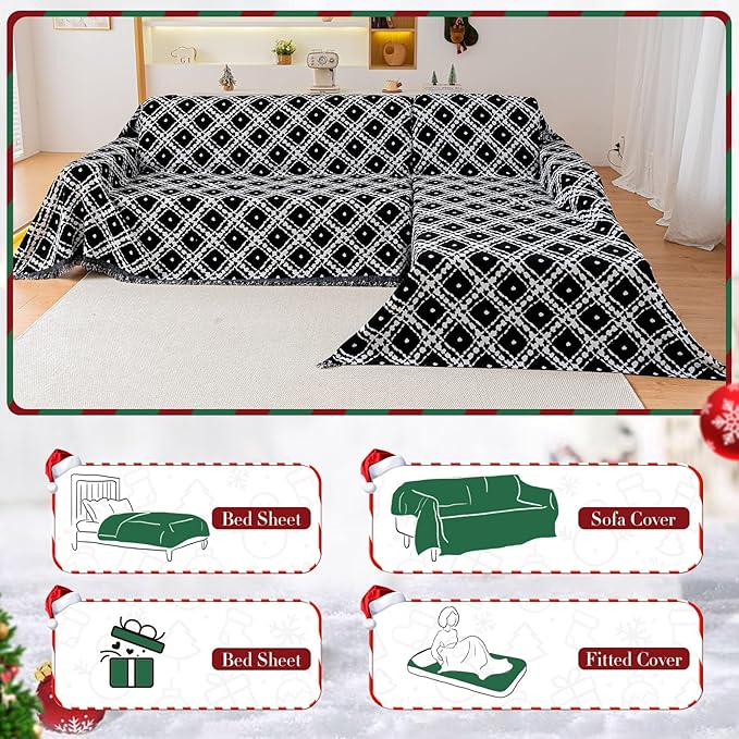 Reversible Couch Cover Blanket, Christmas Couch Cover, Chenille Sofa Covers Blanket, Christmas Sofa Covers Washable, 71"×150" Couch Covers for Recliner & Chair (1PC, Black, Oversized Sofas)
